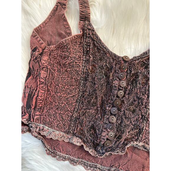 Hippie Renaissance Fairy Whimsigoth Button Embroidered Crop Tank Top - Picture 3 of 4